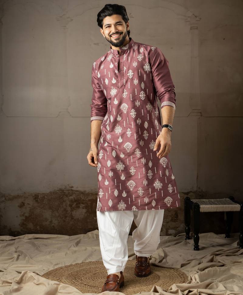Wine color smart embroidered kurta for men's ceremonial looks