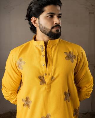 Mustard color linen fabric designer embroidered festive special kurta for men 3