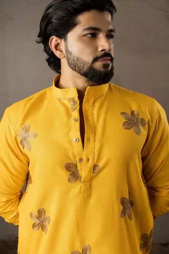 Mustard color linen fabric designer embroidered festive special kurta for men