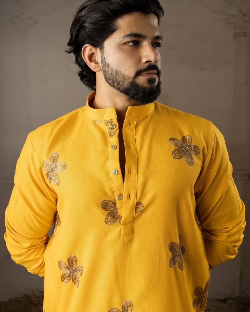 Mustard color linen fabric designer embroidered festive special kurta for men