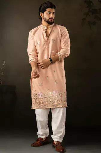 Peach color smart embroidered kurta for rich classy men's looks