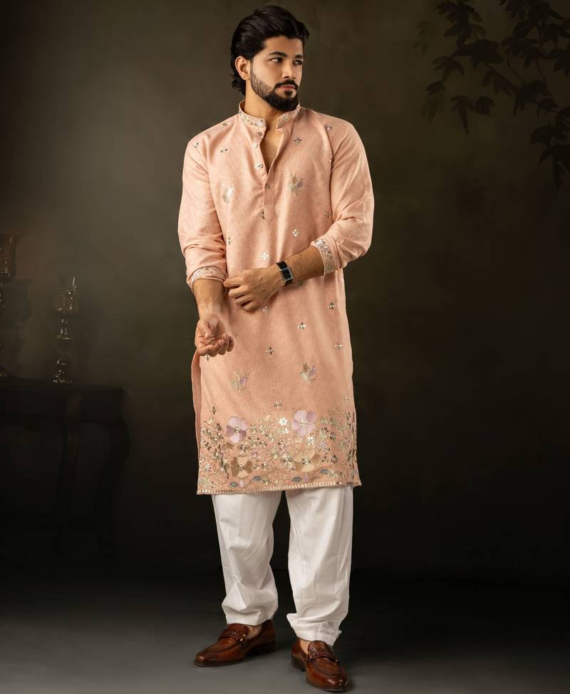 Peach color smart embroidered kurta for rich classy men's looks
