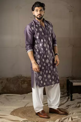 Purple color smart embroidered kurta for men's ceremonial looks