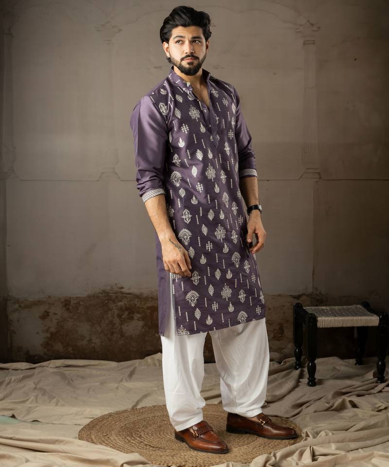 Purple color smart embroidered kurta for men's ceremonial looks