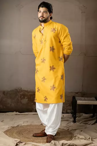 Mustard color linen fabric designer embroidered festive special kurta for men