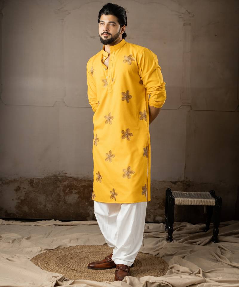 Mustard color linen fabric designer embroidered festive special kurta for men