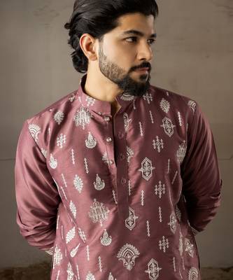 Wine color smart embroidered kurta for men's ceremonial looks 3