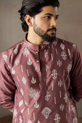 Wine color smart embroidered kurta for men's ceremonial looks