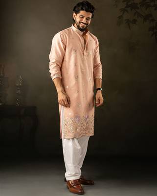 Peach color smart embroidered kurta for rich classy men's looks 5