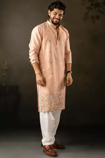 Peach color smart embroidered kurta for rich classy men's looks