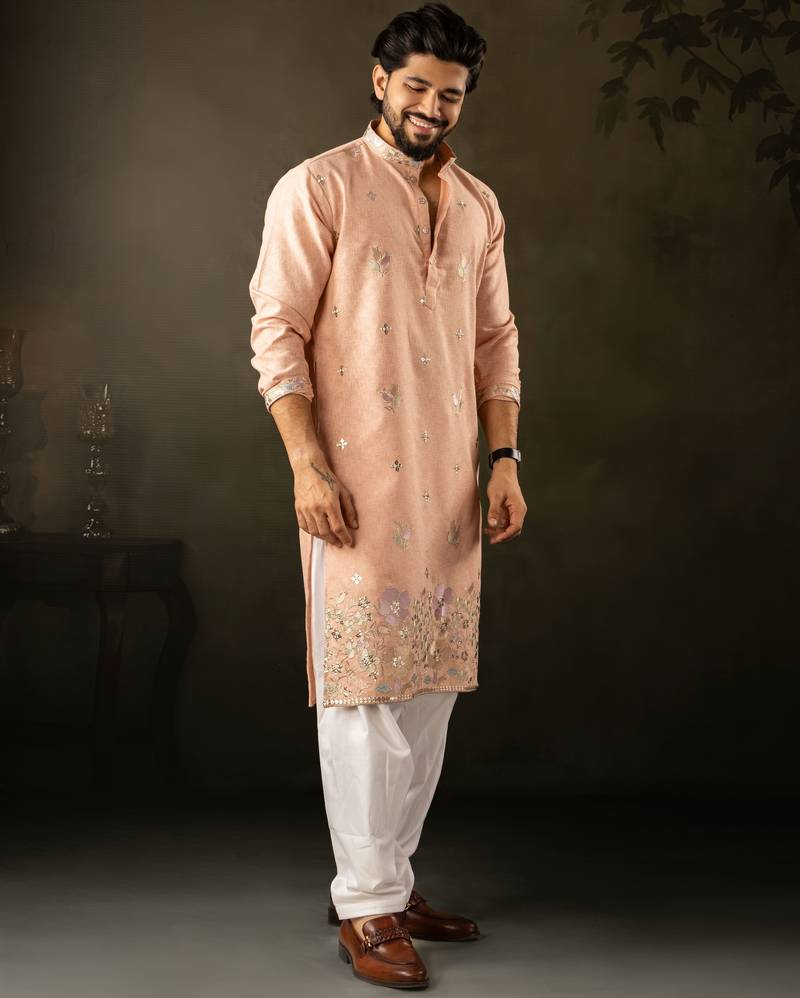 Peach color smart embroidered kurta for rich classy men's looks