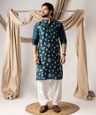 Peacock blue color smart embroidered kurta for men's ceremonial looks 1