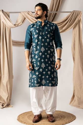 Peacock blue color smart embroidered kurta for men's ceremonial looks