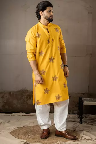 Mustard color linen fabric designer embroidered festive special kurta for men