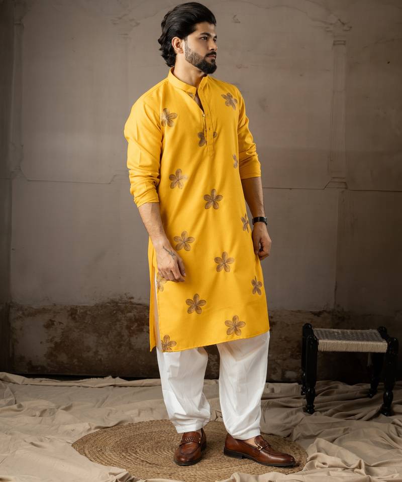 Mustard color linen fabric designer embroidered festive special kurta for men