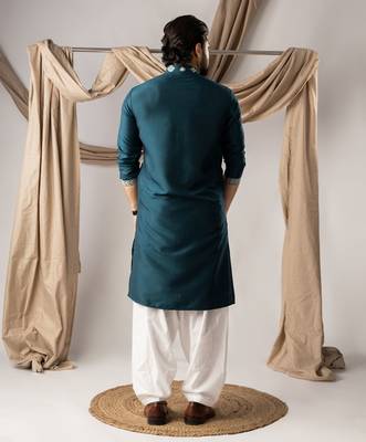 Peacock blue color smart embroidered kurta for men's ceremonial looks 2