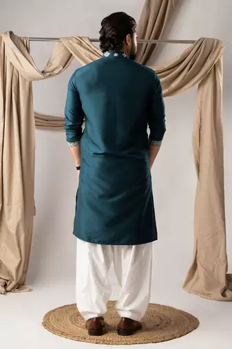 Peacock blue color smart embroidered kurta for men's ceremonial looks
