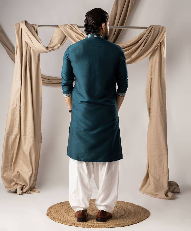 Peacock blue color smart embroidered kurta for men's ceremonial looks