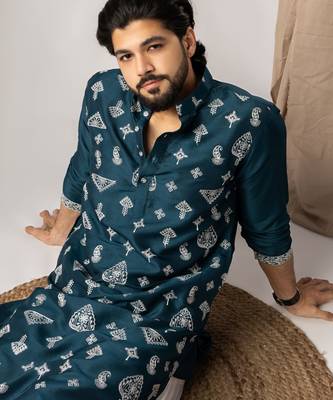 Peacock blue color smart embroidered kurta for men's ceremonial looks 3