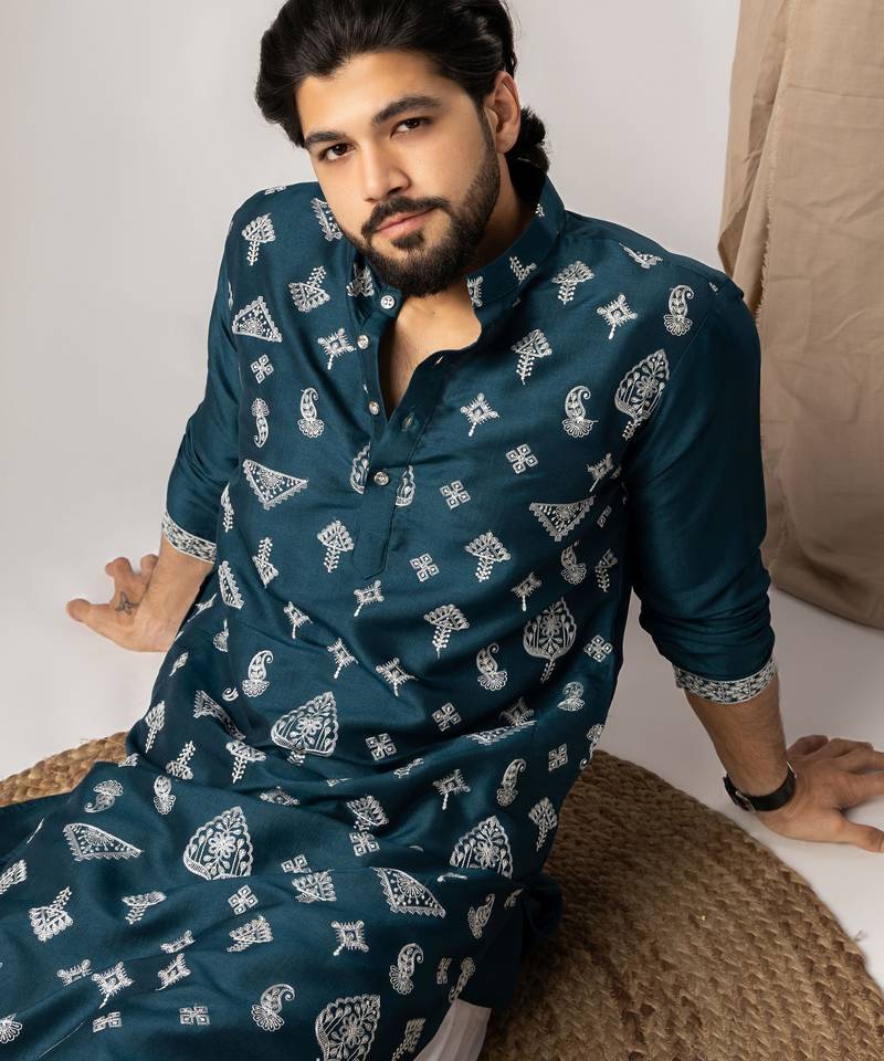 Peacock blue color smart embroidered kurta for men's ceremonial looks