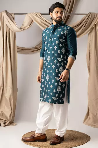 Peacock blue color smart embroidered kurta for men's ceremonial looks