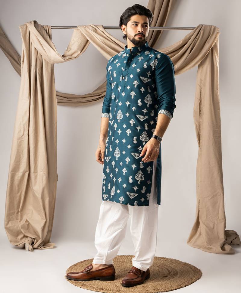 Peacock blue color smart embroidered kurta for men's ceremonial looks