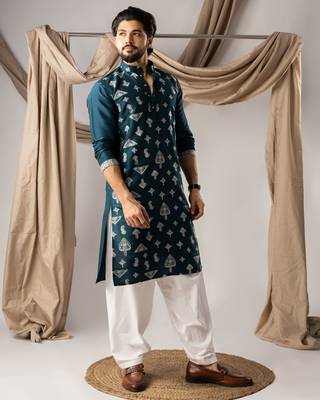 Peacock blue color smart embroidered kurta for men's ceremonial looks 5