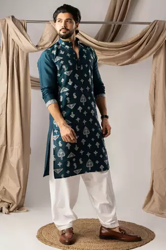 Peacock blue color smart embroidered kurta for men's ceremonial looks