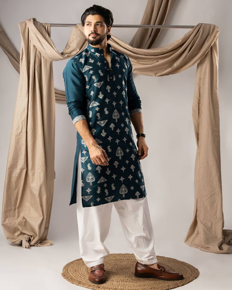 Peacock blue color smart embroidered kurta for men's ceremonial looks