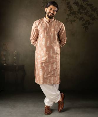 Chocolate brown color smart embroidered kurta for men's ceremonial looks 1