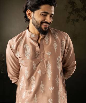 Chocolate brown color smart embroidered kurta for men's ceremonial looks 3