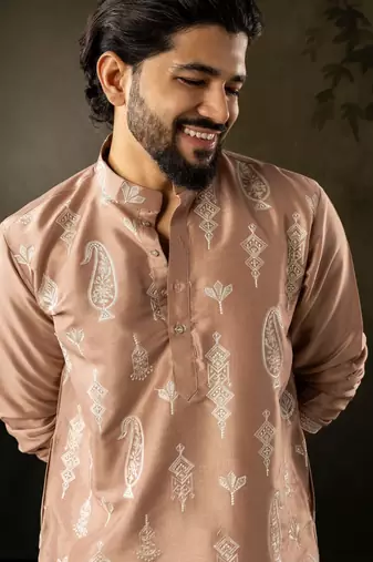 Chocolate brown color smart embroidered kurta for men's ceremonial looks