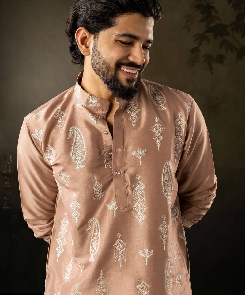 Chocolate brown color smart embroidered kurta for men's ceremonial looks
