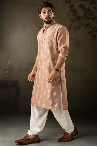 Chocolate brown color smart embroidered kurta for men's ceremonial looks