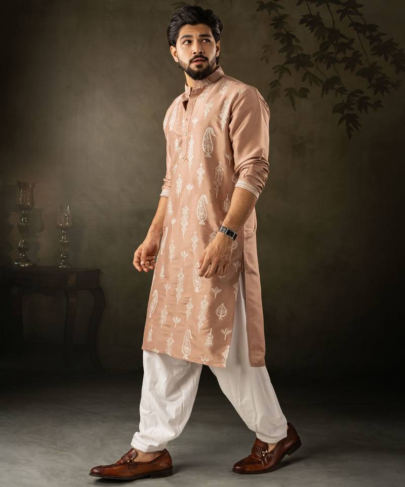 Chocolate brown color smart embroidered kurta for men's ceremonial looks