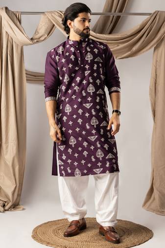 Dark purple color smart embroidered kurta for men's ceremonial looks