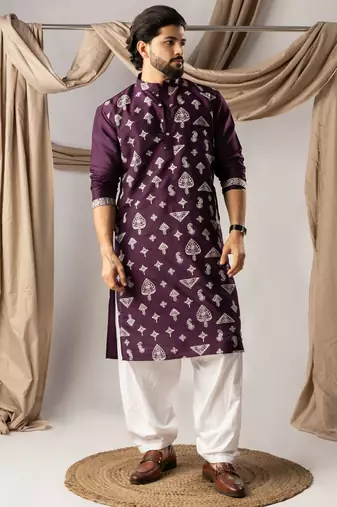 Dark purple color smart embroidered kurta for men's ceremonial looks