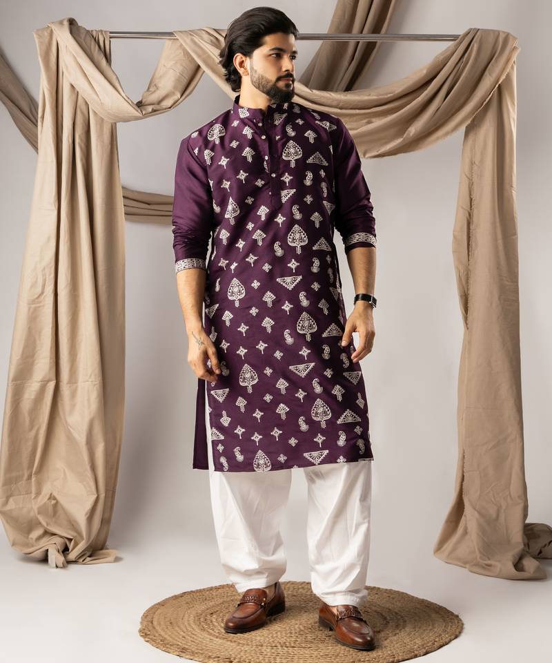 Dark purple color smart embroidered kurta for men's ceremonial looks