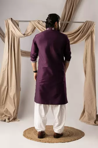 Dark purple color smart embroidered kurta for men's ceremonial looks