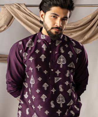 Dark purple color smart embroidered kurta for men's ceremonial looks 3