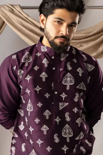 Dark purple color smart embroidered kurta for men's ceremonial looks