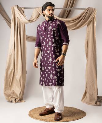 Dark purple color smart embroidered kurta for men's ceremonial looks 4