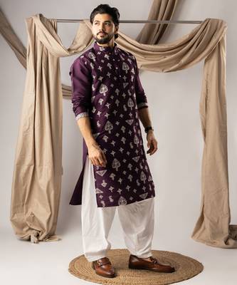 Dark purple color smart embroidered kurta for men's ceremonial looks 5