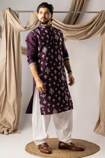 Dark purple color smart embroidered kurta for men's ceremonial looks