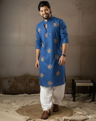 Blue color linen fabric designer embroidered festive special kurta for men 1