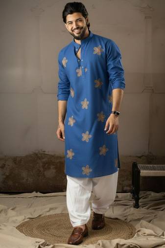 Blue color linen fabric designer embroidered festive special kurta for men