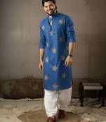 Blue color linen fabric designer embroidered festive special kurta for men