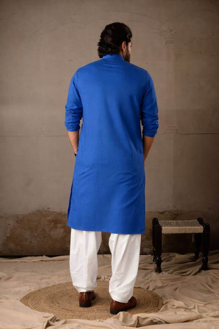 Blue color linen fabric designer embroidered festive special kurta for men