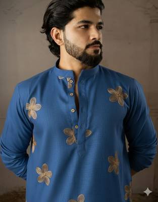 Blue color linen fabric designer embroidered festive special kurta for men 3