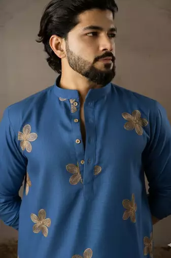 Blue color linen fabric designer embroidered festive special kurta for men